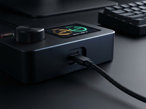 Rear view with recessed USB-C port