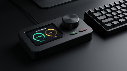 The Deck hardware console configured beside mechanical keyboard on dark workspace